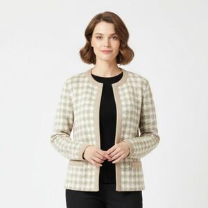 Castleberry Vintage Tan & Ivory Knit open Front Herringbone Sweater 10